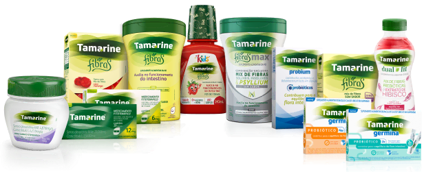 Foto com todas as embalagens dos produtos Tamarine, alguns sobrepondo os outros.